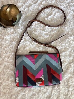 Fossil Multicolor Chevron Crossbody — Pink, Gray & Red Accents